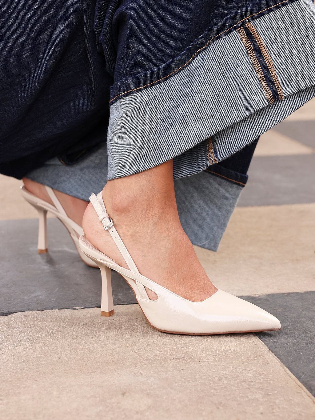 Rhea Nude Faux Leather Sling Back Court Heels