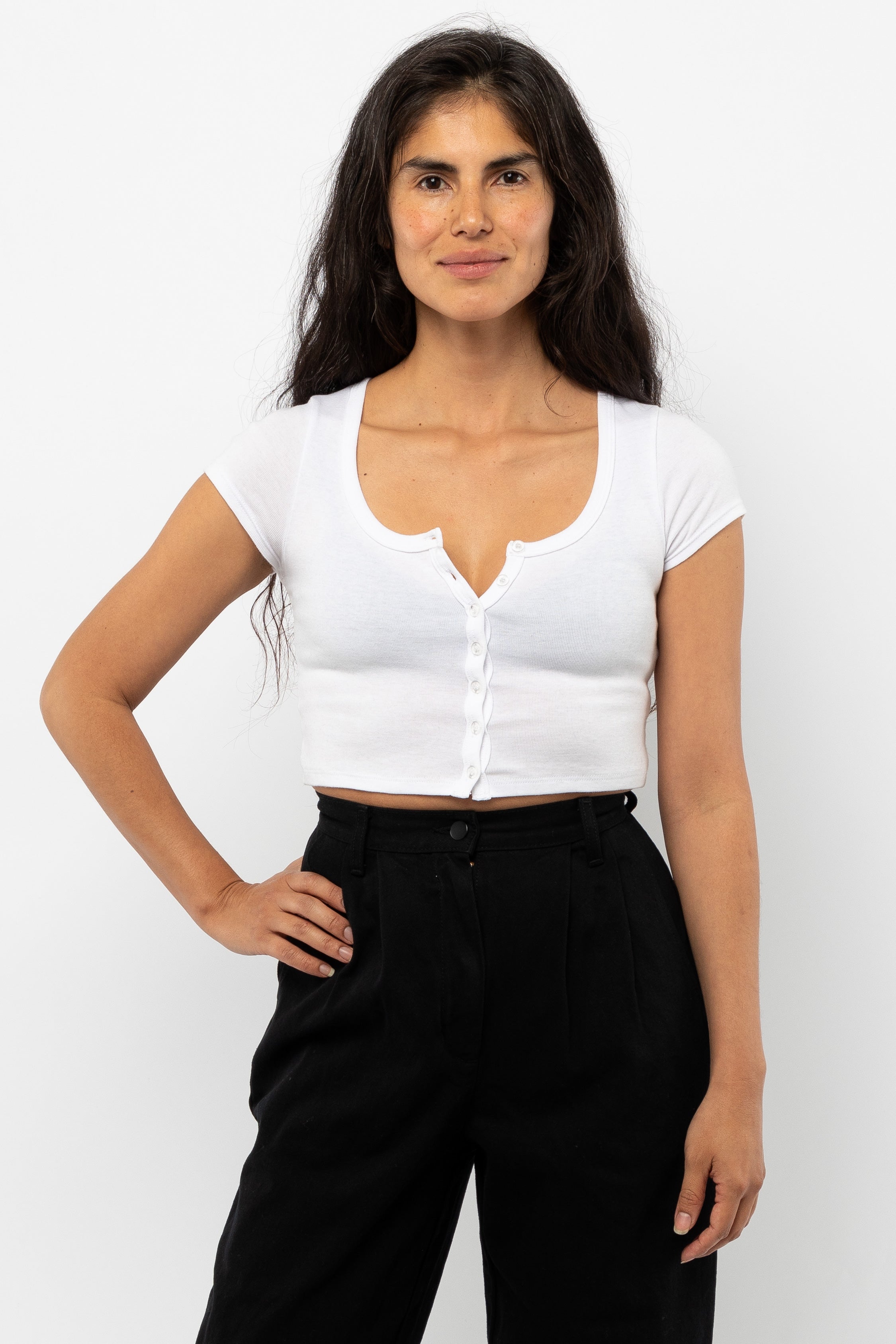 43025 - Baby Rib Short Sleeve Button Up Crop Top