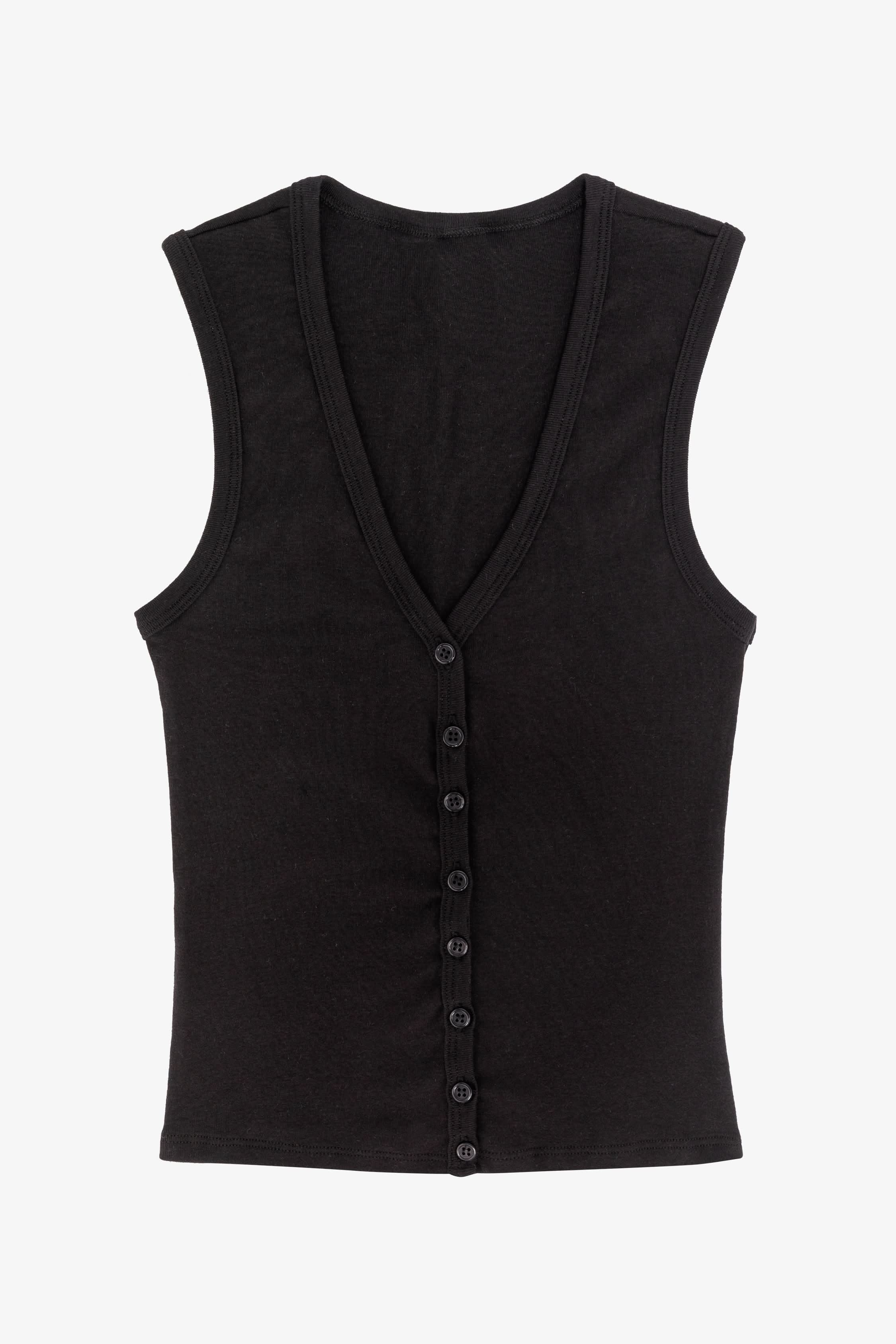 43575X - Baby Rib Sleeveless V Neck Button Up Top