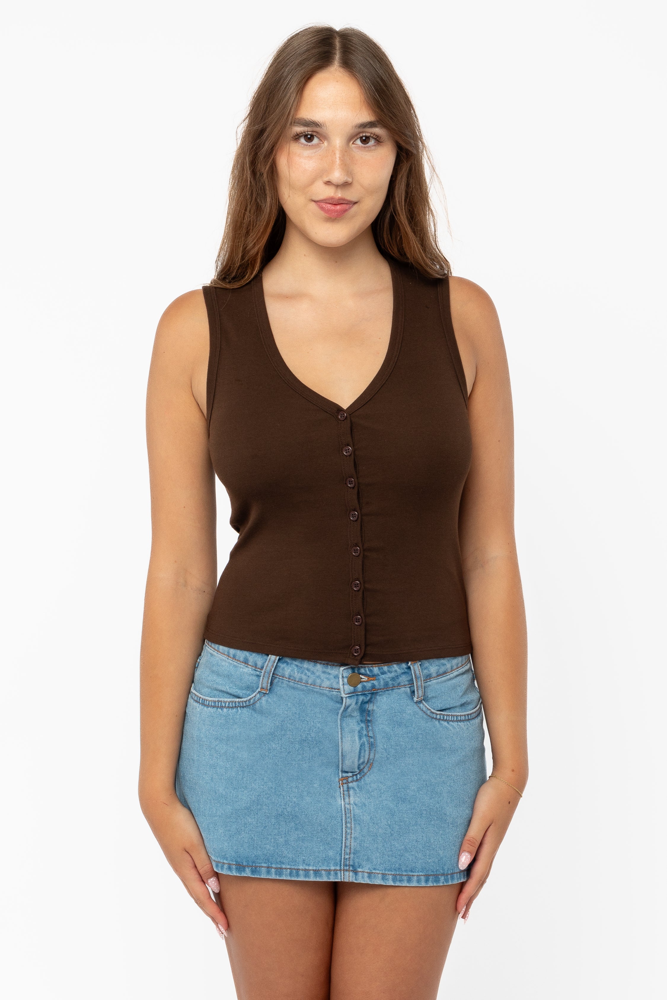 43575X - Baby Rib Sleeveless V Neck Button Up Top