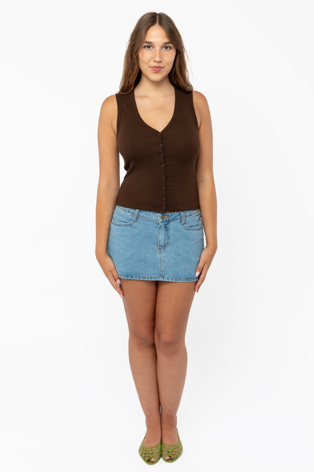 43575X - Baby Rib Sleeveless V Neck Button Up Top