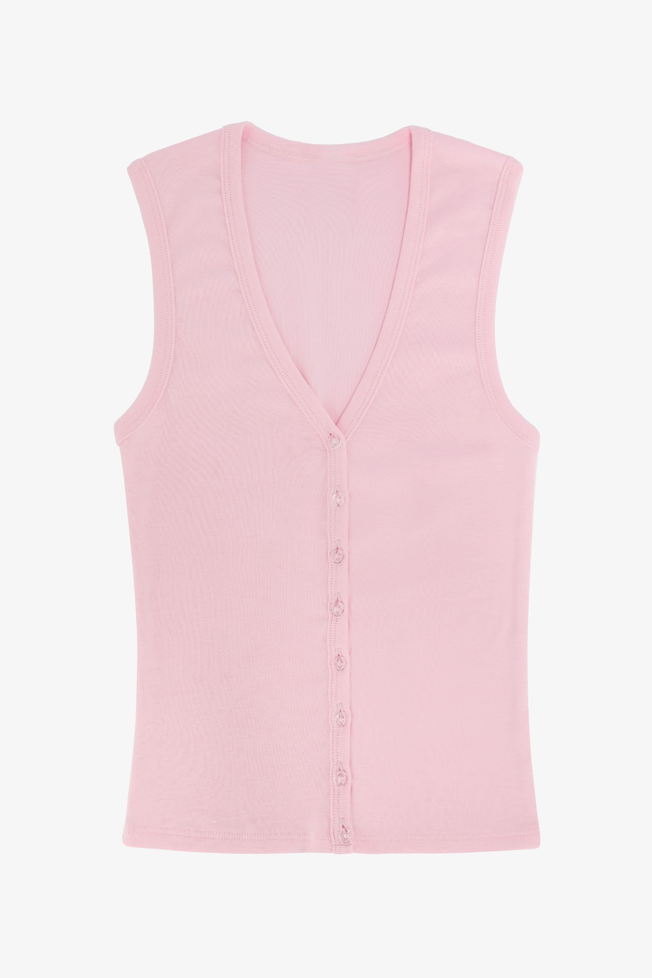 43575X - Baby Rib Sleeveless V Neck Button Up Top