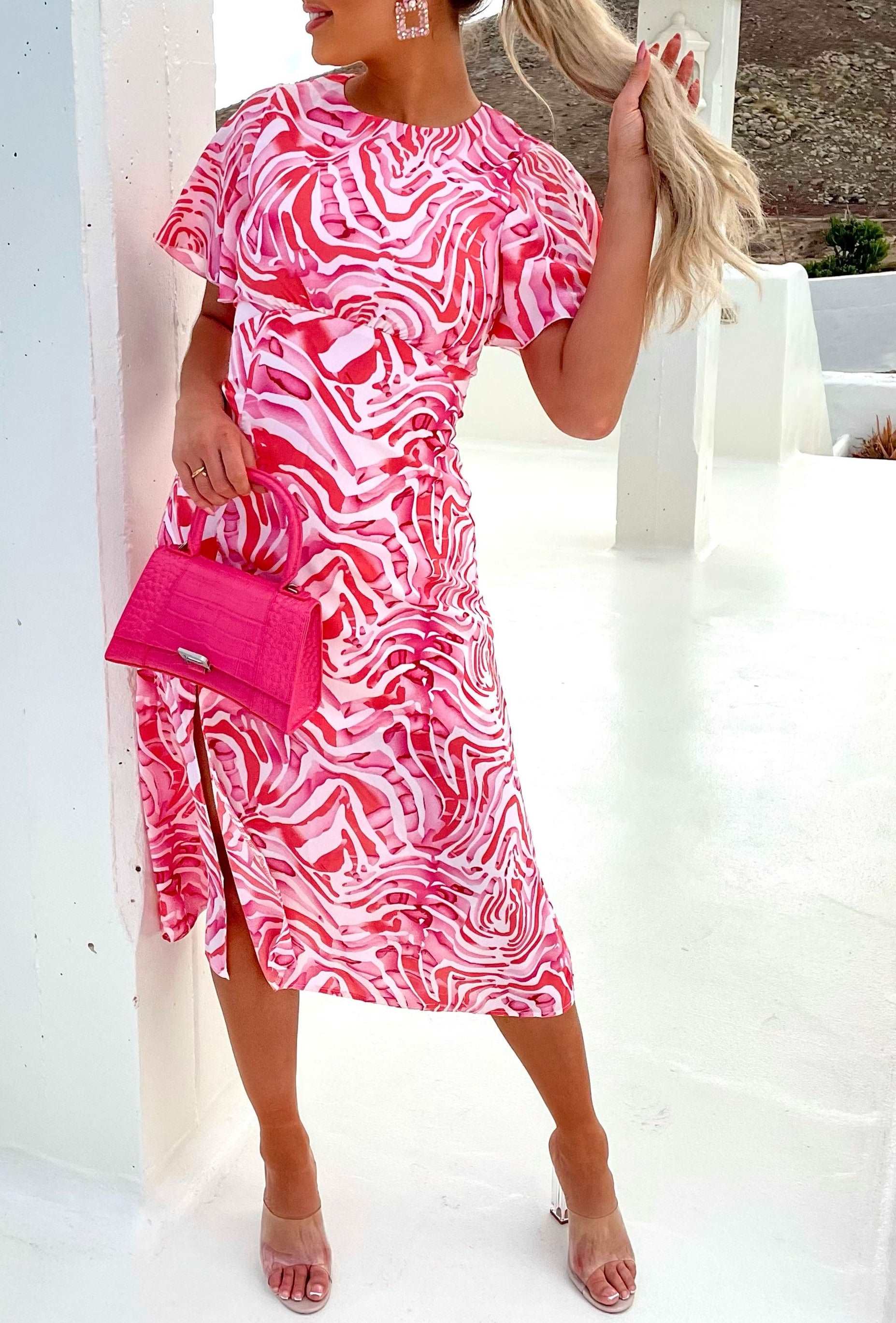 Adelaide Pink Short Sleeve Printed Midi Dress