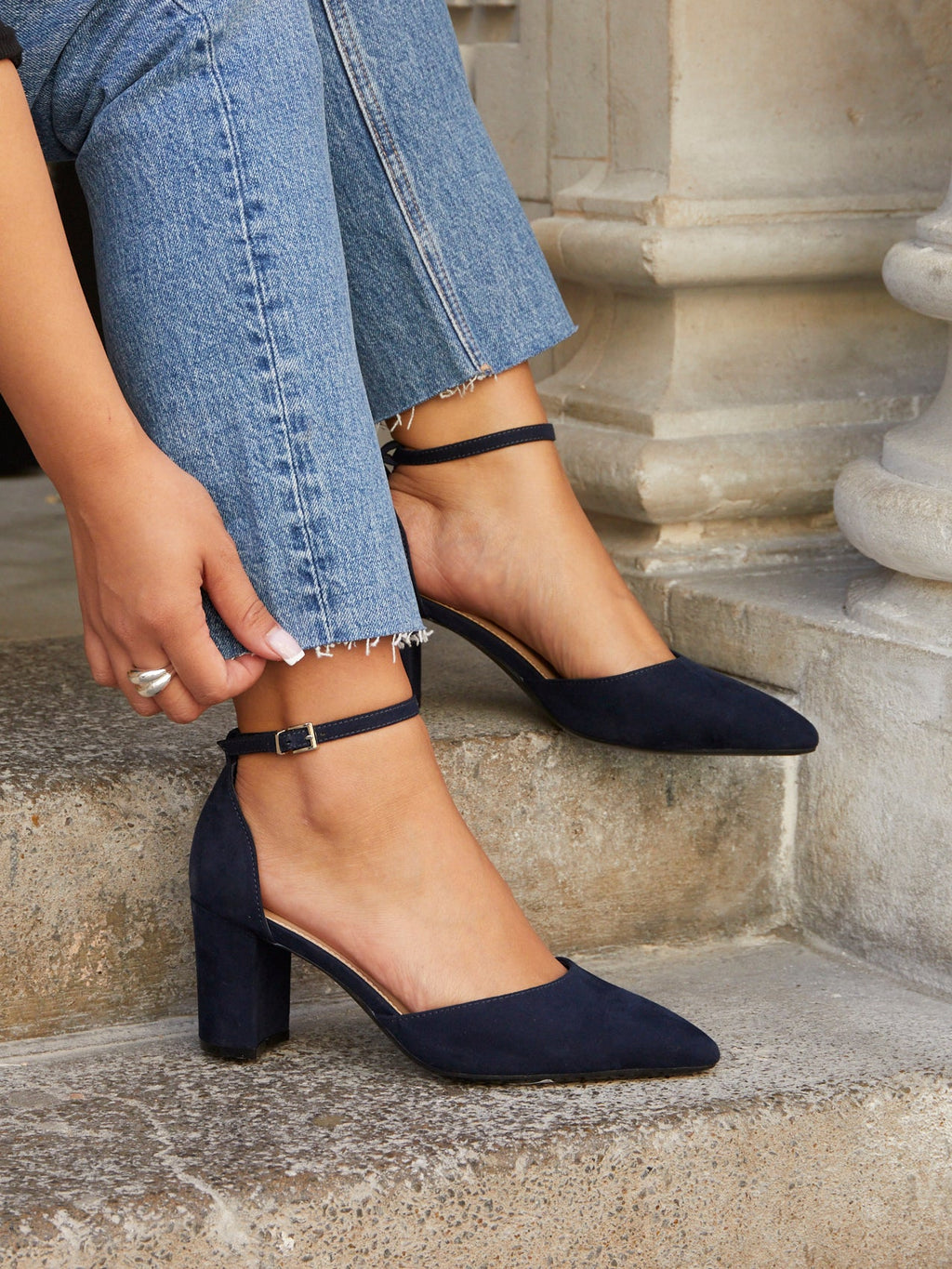 Davina Wide Fit Navy Faux Suede Court Heels