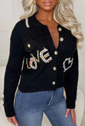 Blissful Blossom Black Love Embroidered Button Collar Cardigan