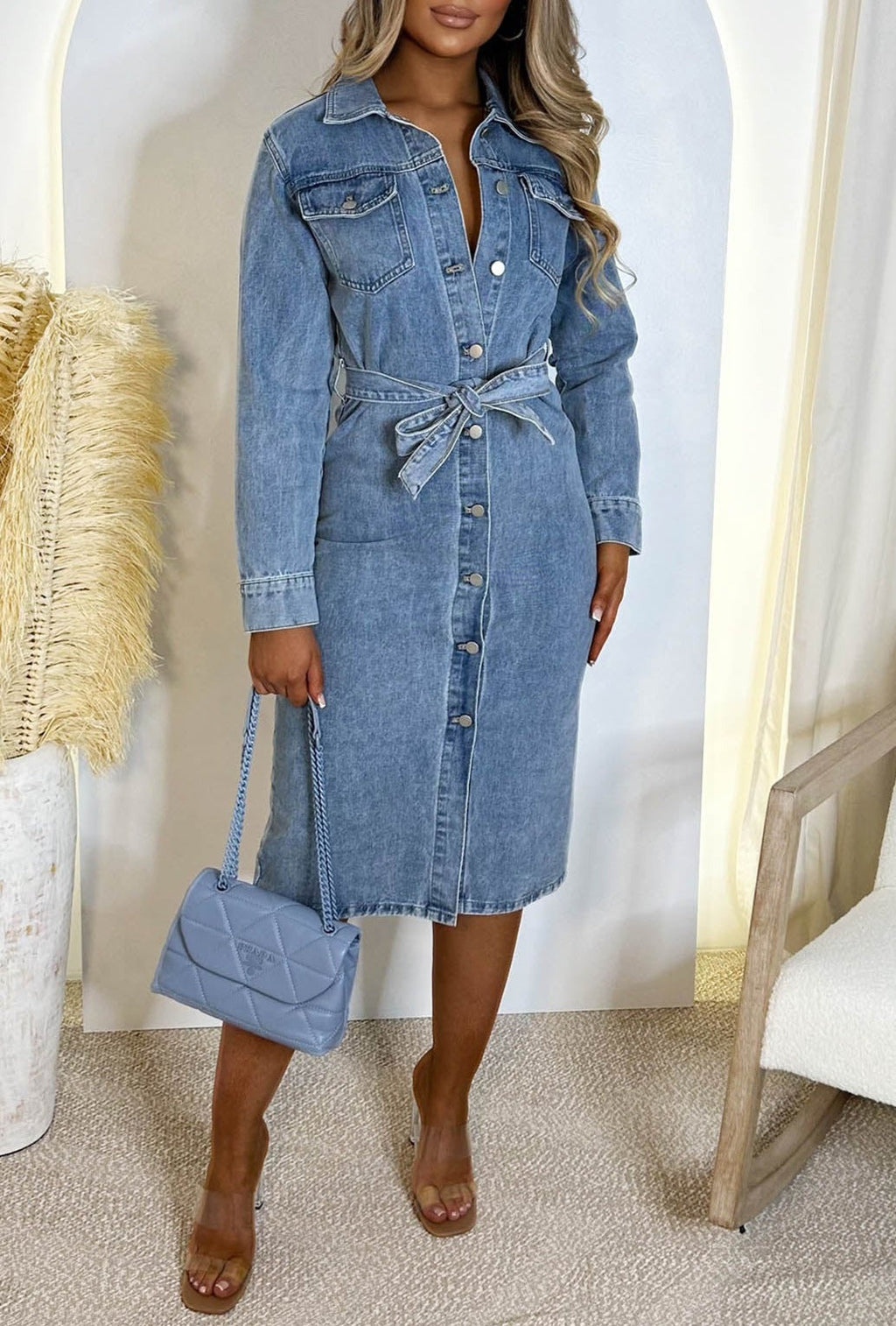 Denim Envy Blue Belted Button Up Long Sleeve Denim Midi Dress