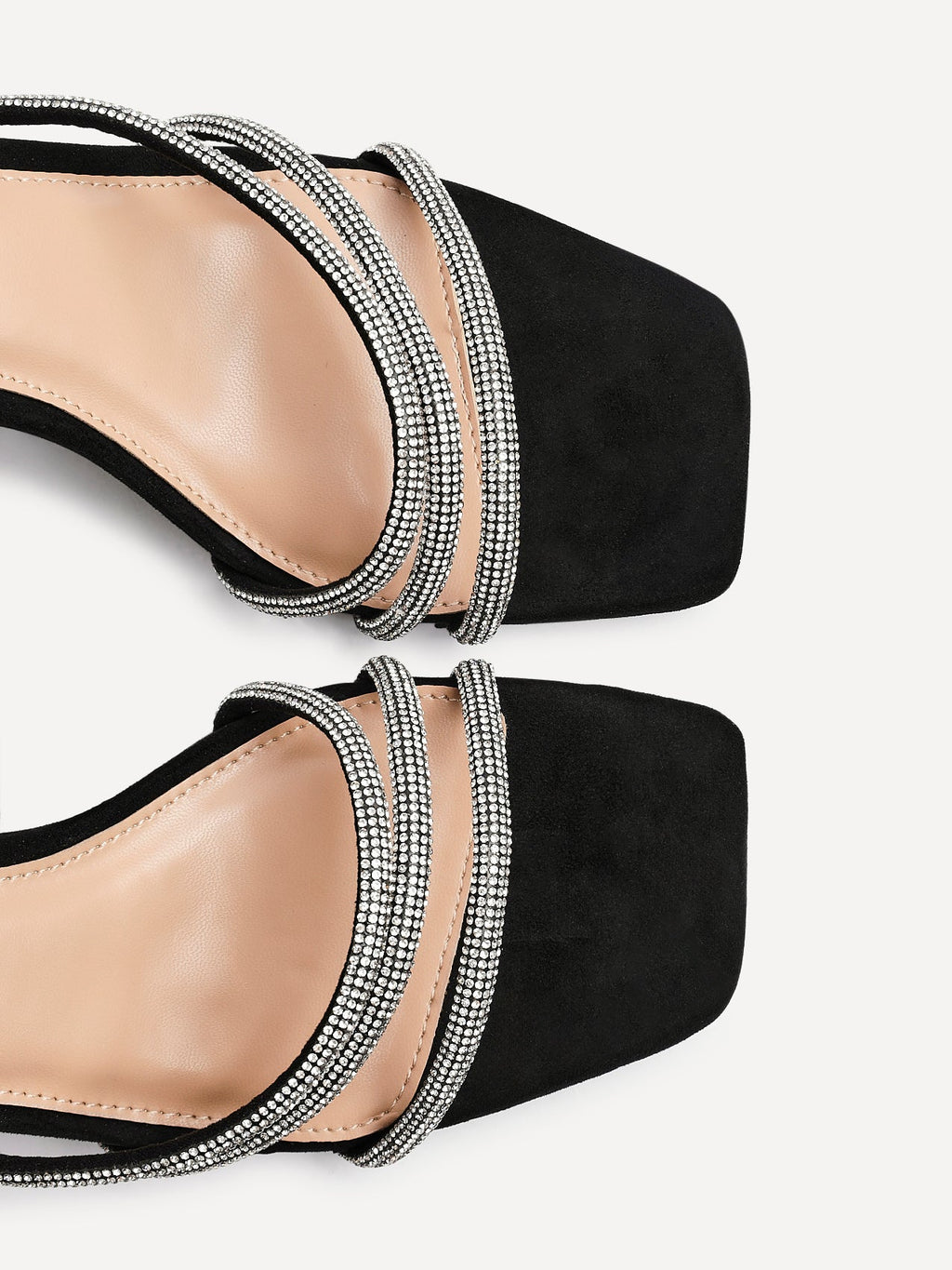 Glimmer Black Faux Suede Diamante Block Heels
