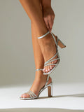 Glimmer Silver Faux Leather Diamante Block Heels