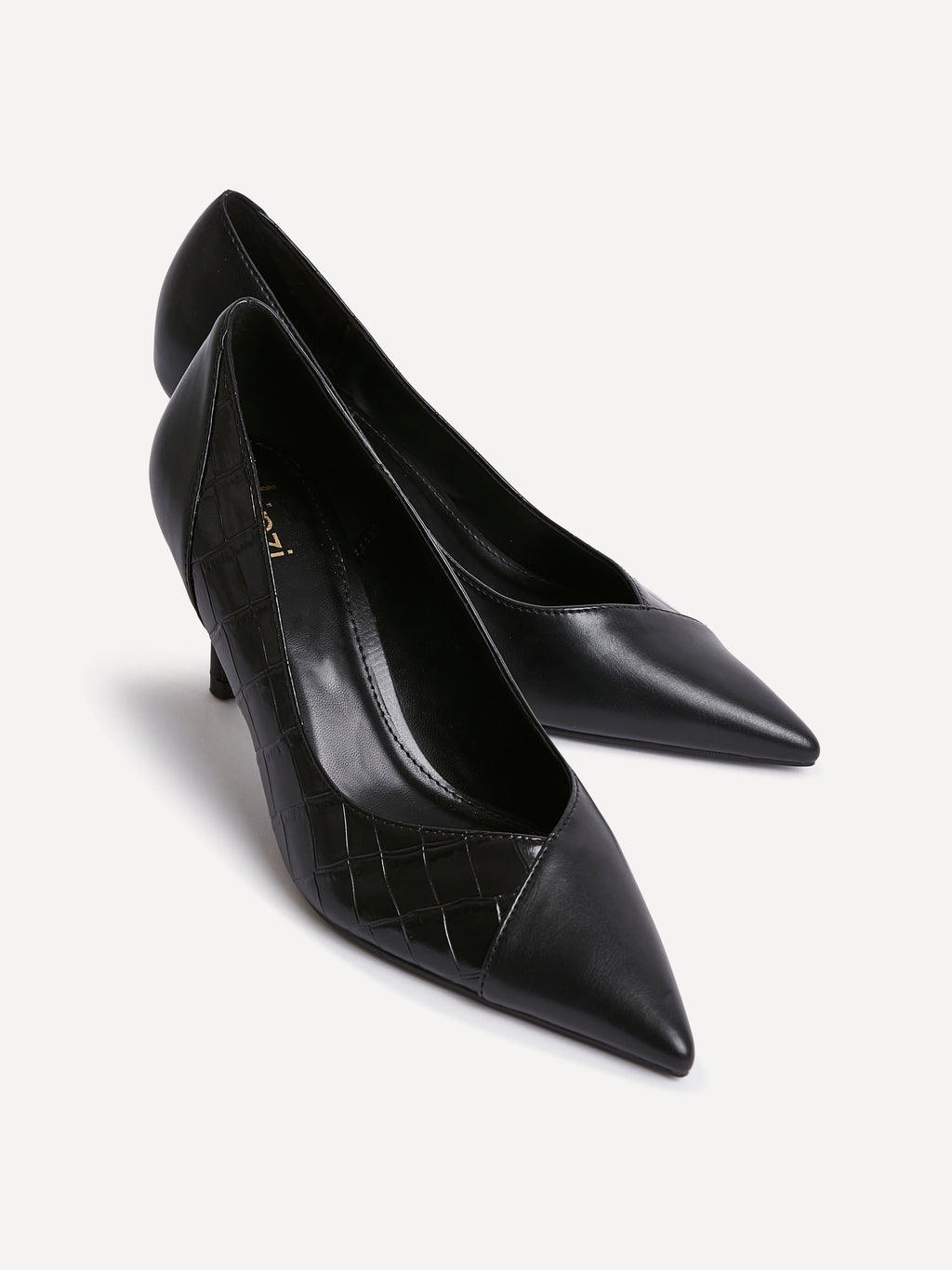 Gaia Black Faux Leather Mix Croc Court Heels
