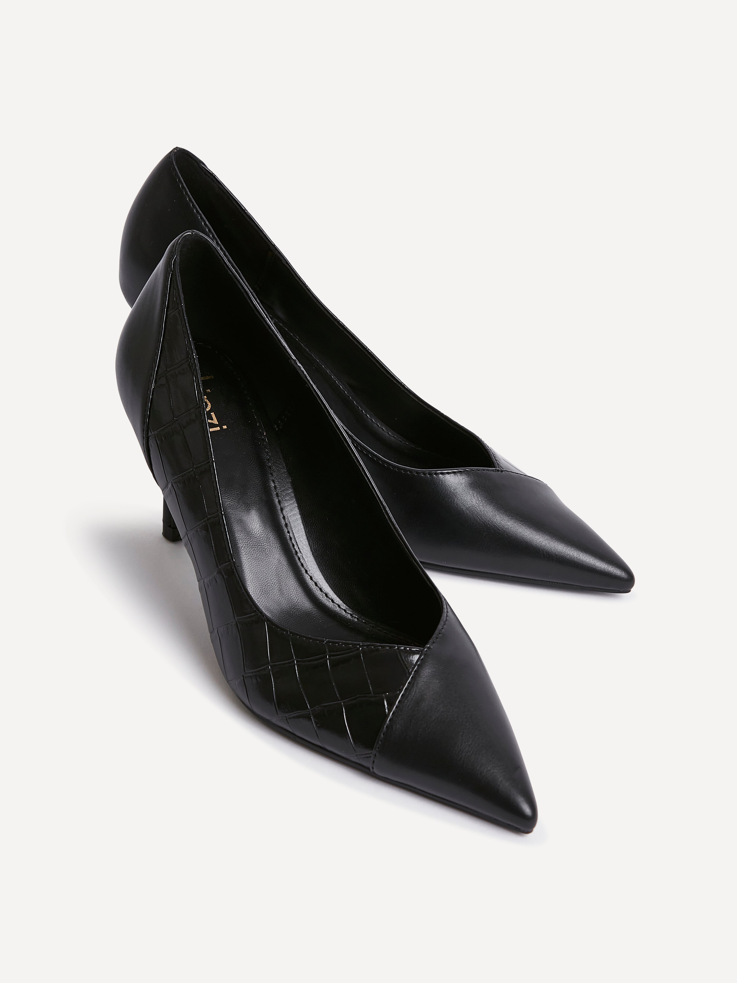 Gaia Black Faux Leather Mix Croc Court Heels