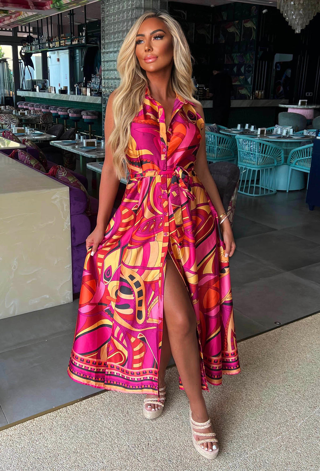 Dubai Luxury Pink Satin Printed Maxi Dress
