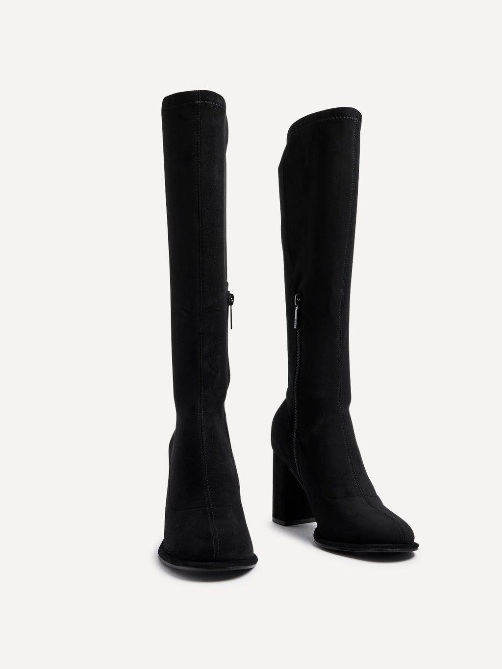 Kylie Black Stretch Long Block Heeled Boots