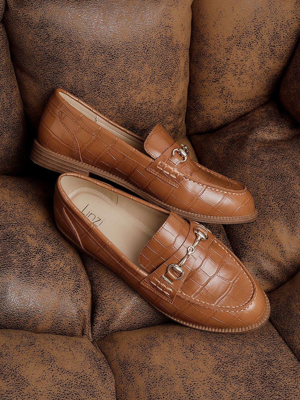 Maison Tan Faux Croc Patent Leather Loafers
