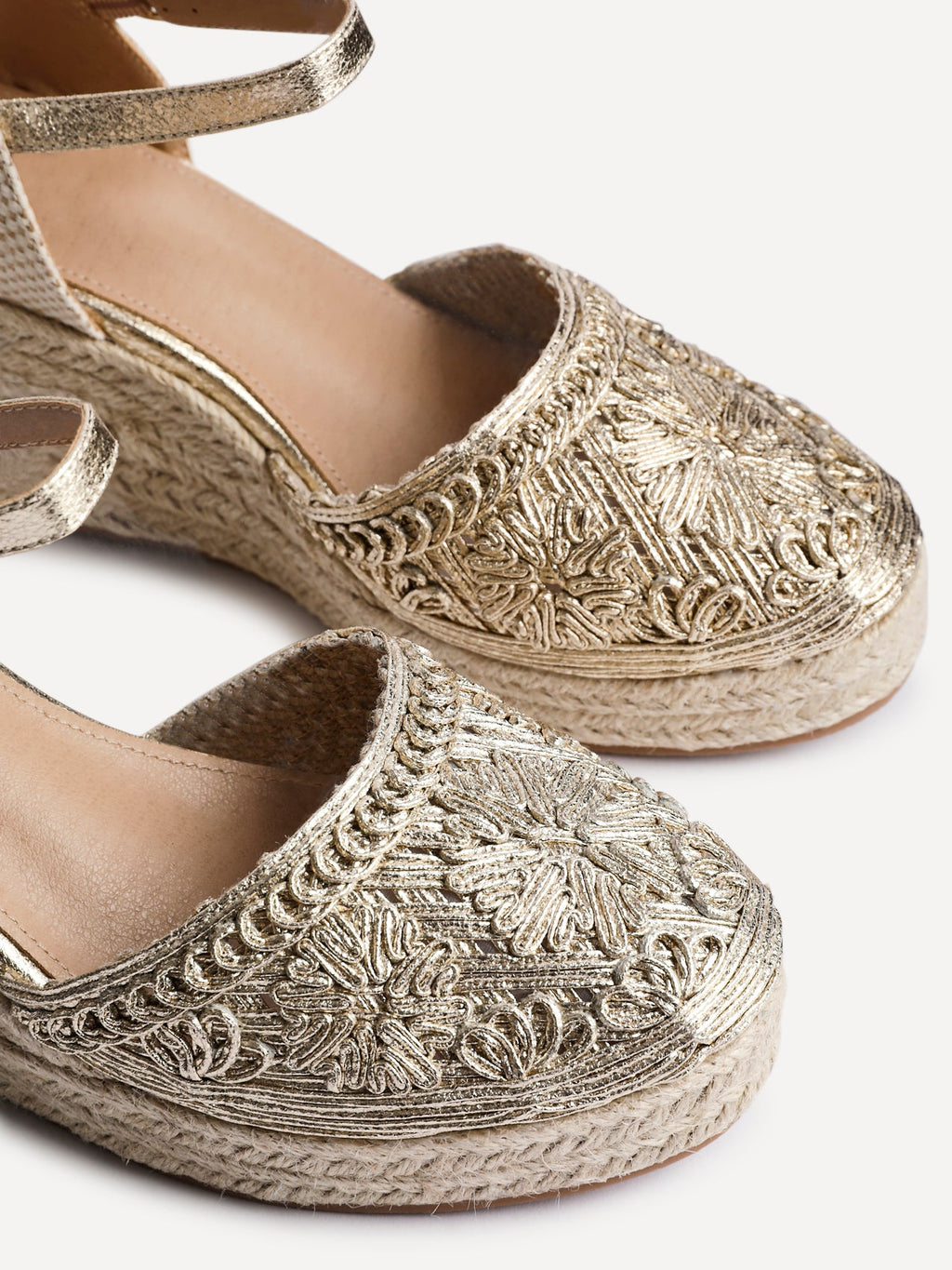 Mystic Gold Embroidered Espadrille Wedges