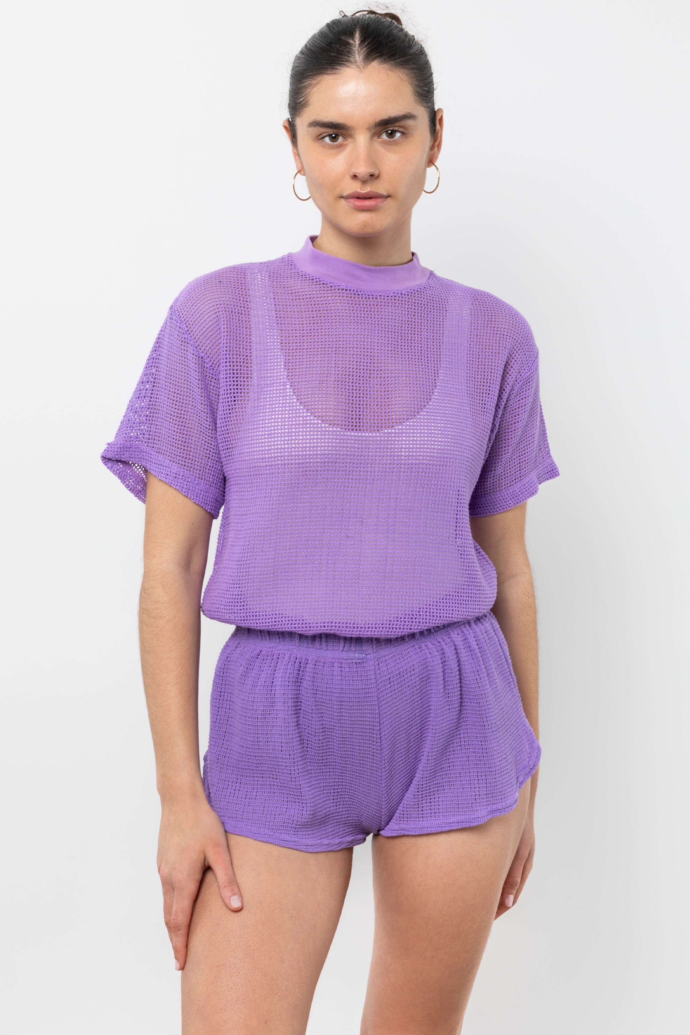 RIN401GD - Cotton Mock Neck Fishnet Garment Dye T-Shirt