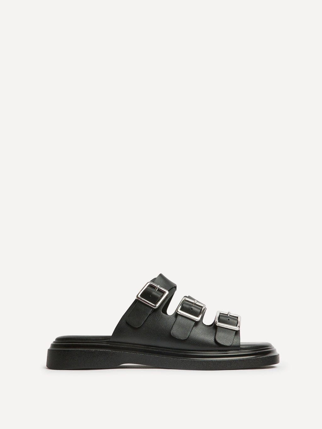 Satellite Black Faux Leather Flat Sandals