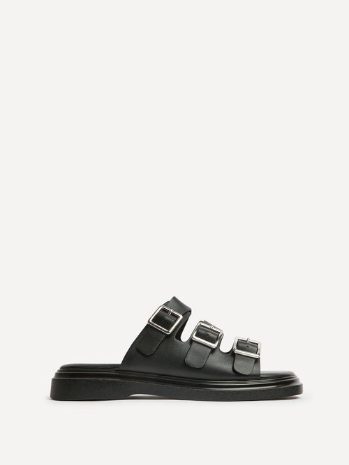 Satellite Black Faux Leather Flat Sandals