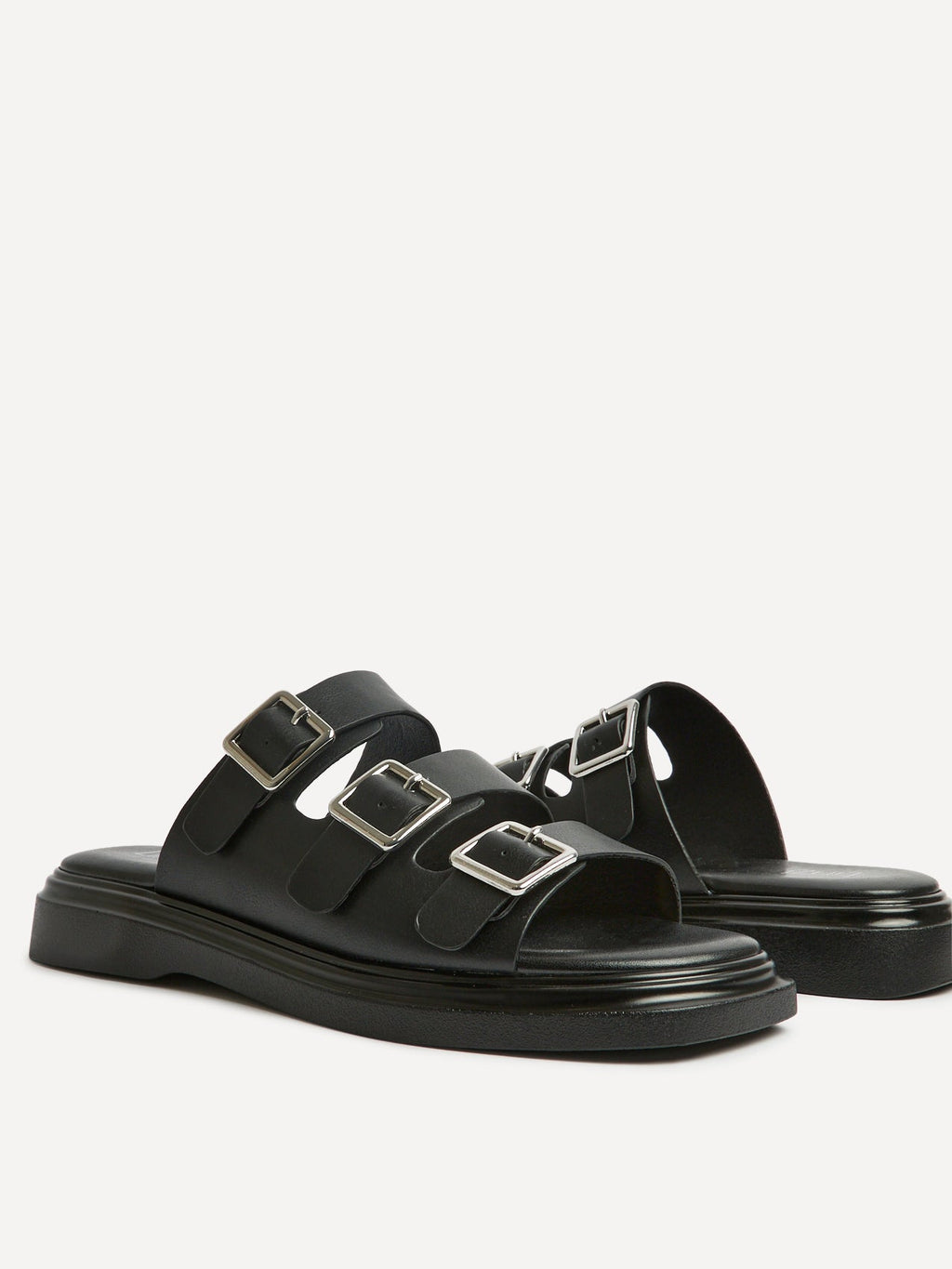 Satellite Black Faux Leather Flat Sandals
