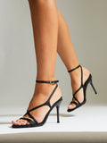 Taliya Black Satin Strappy Stiletto Heels