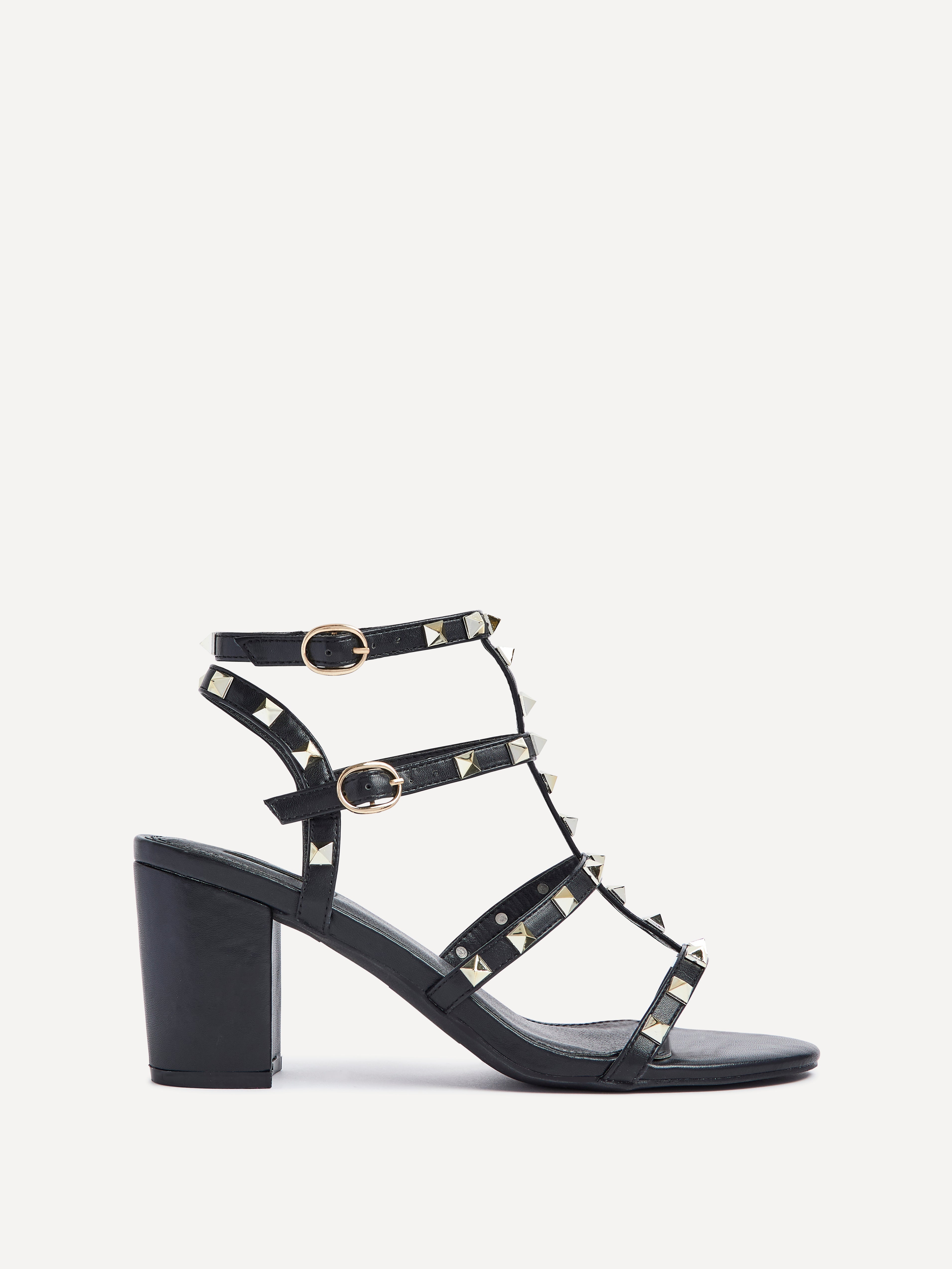 Tessa Black & Gold Studded Block Heel Sandals