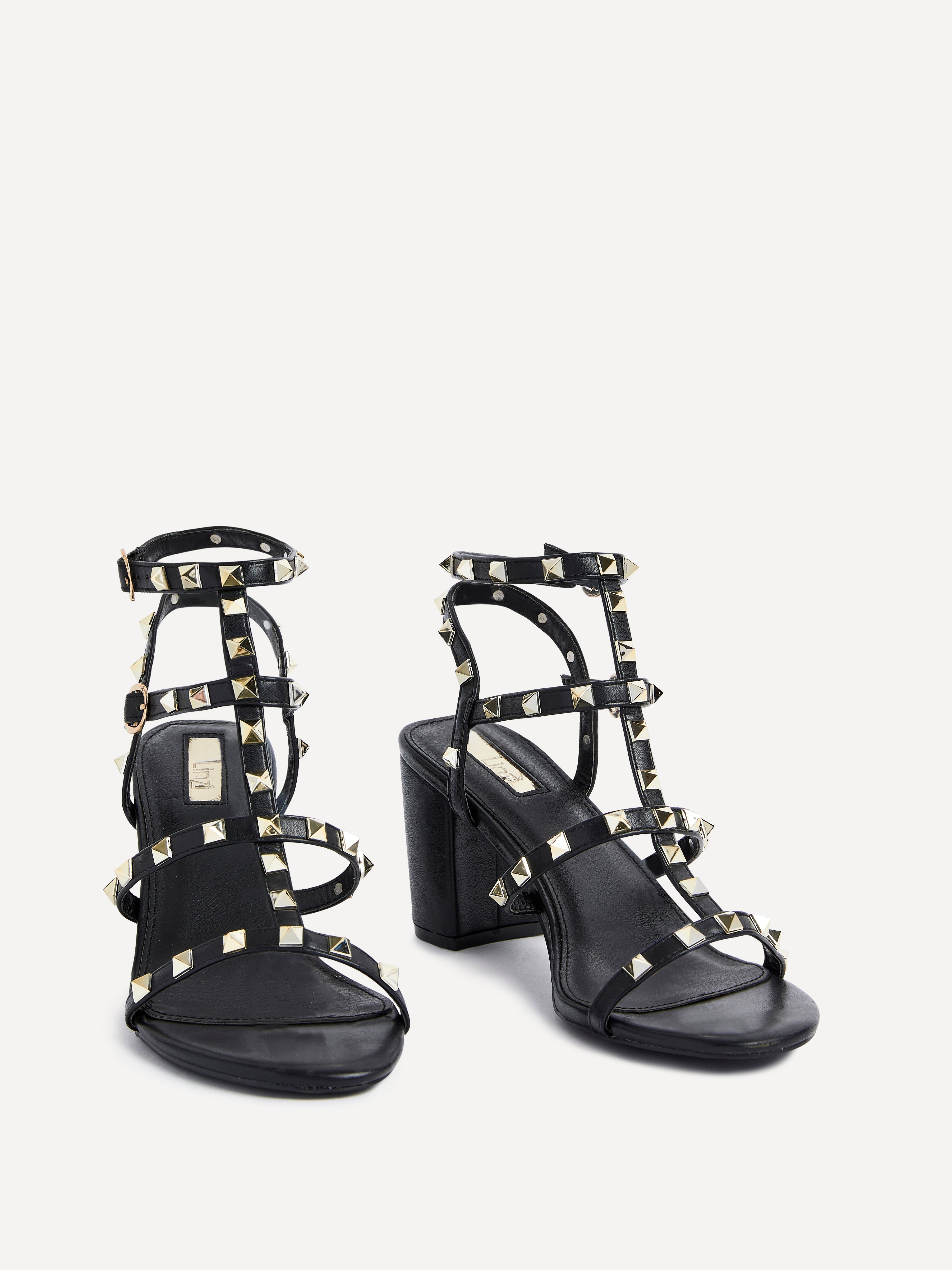 Tessa Black & Gold Studded Block Heel Sandals
