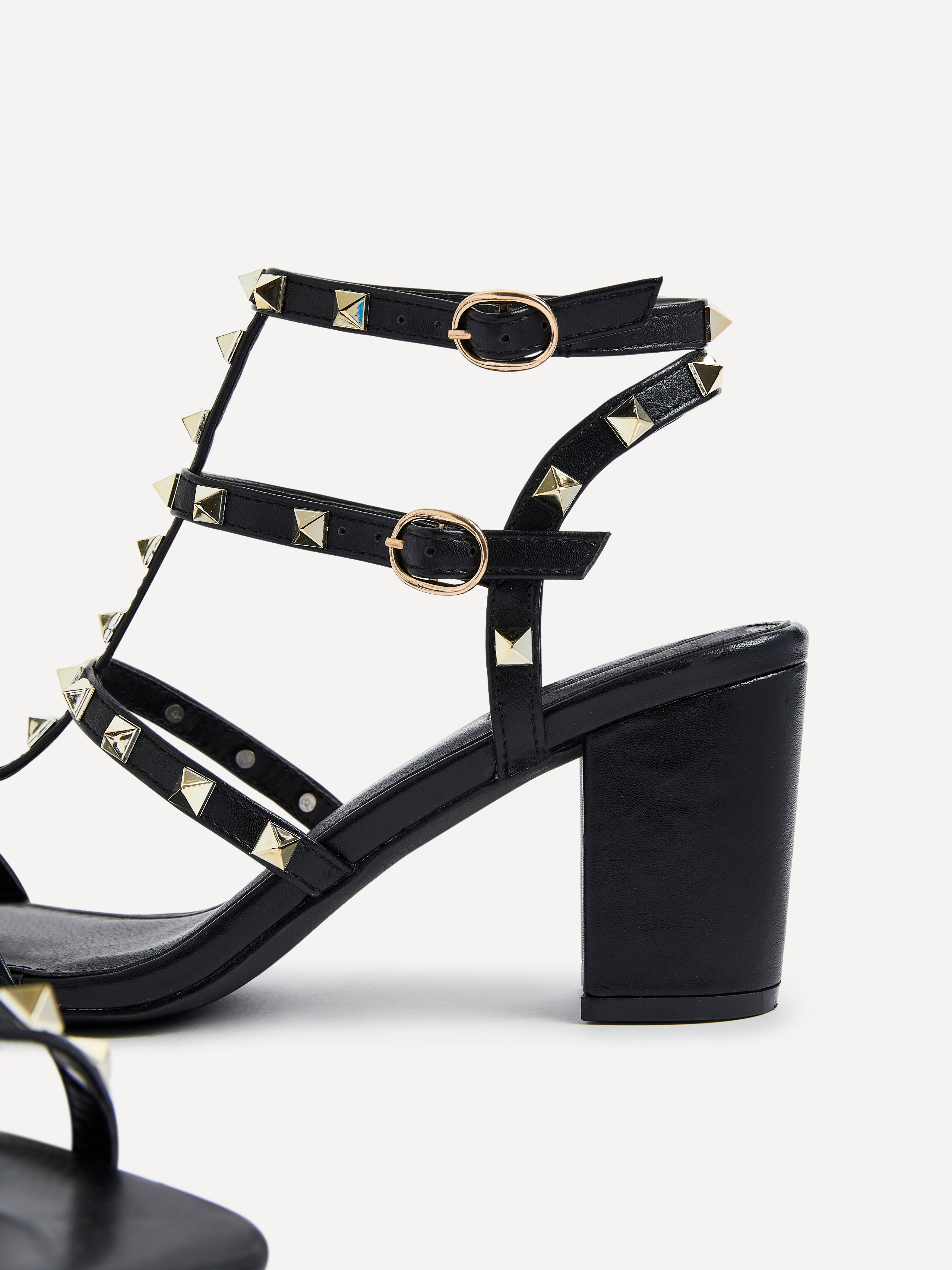Tessa Black & Gold Studded Block Heel Sandals