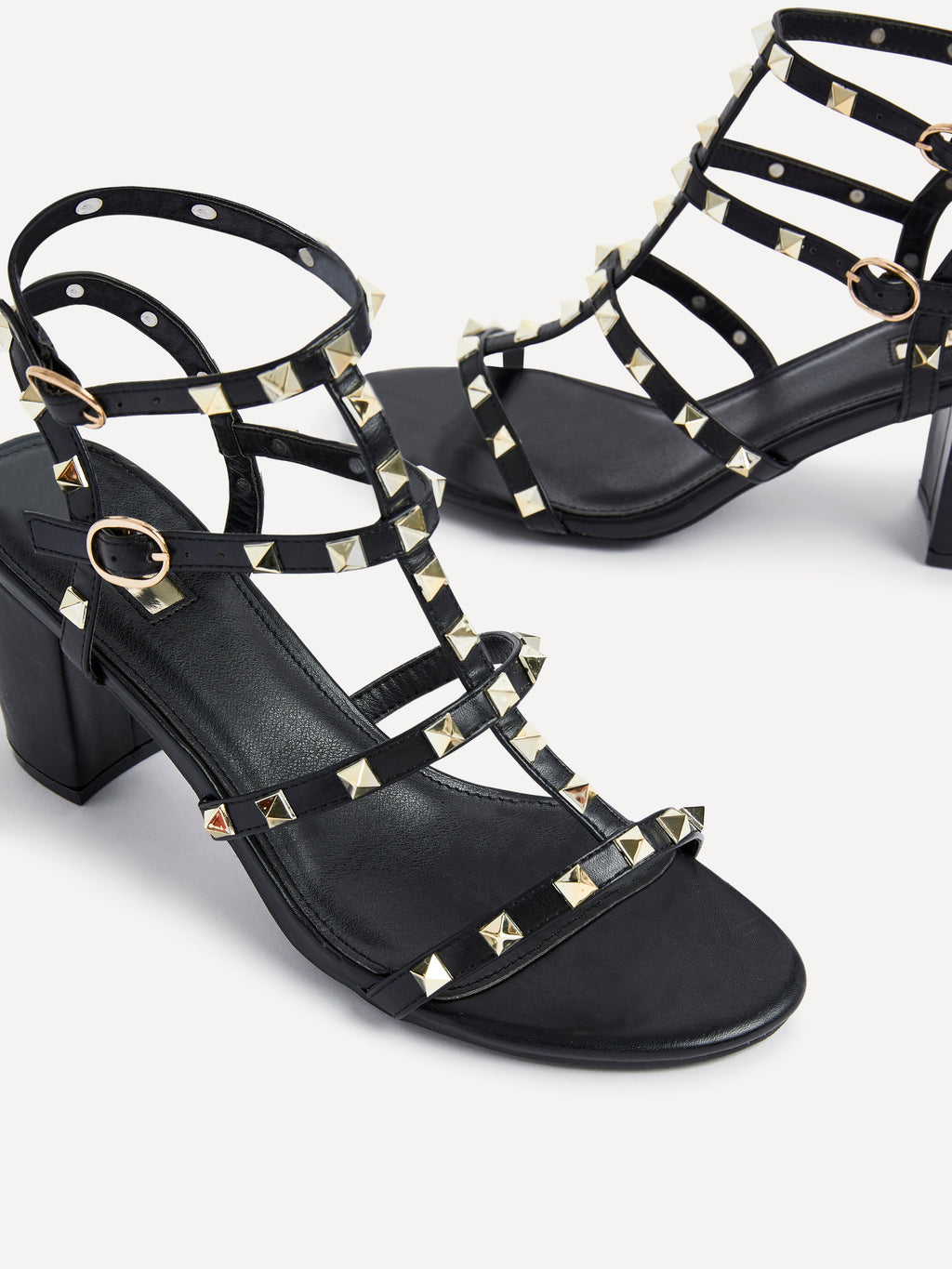 Tessa Black & Gold Studded Block Heel Sandals