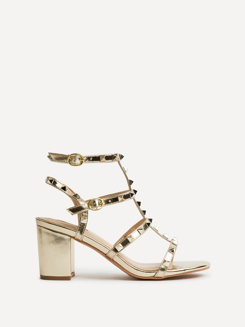 Tessa Gold Studded Block Heel Sandals