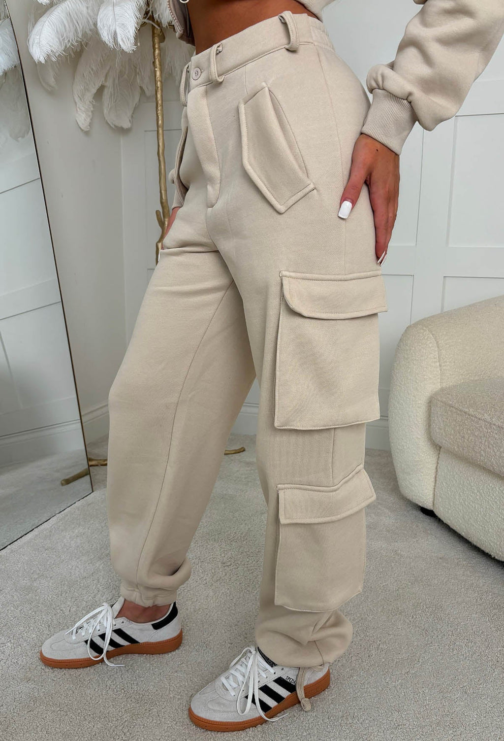 Airport Ready Beige Zipped Jacket & Cargo Jogger Set