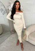 Always Alluring Beige Long Sleeve Rib Cut Out Front Dress