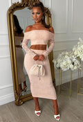 Baecation Beauty Light Pink Lace Bardot Top & Midi Skirt Co-Ord Set