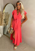 Best Believe Me Coral Wrap Front Frill Sleeve Maxi Dress