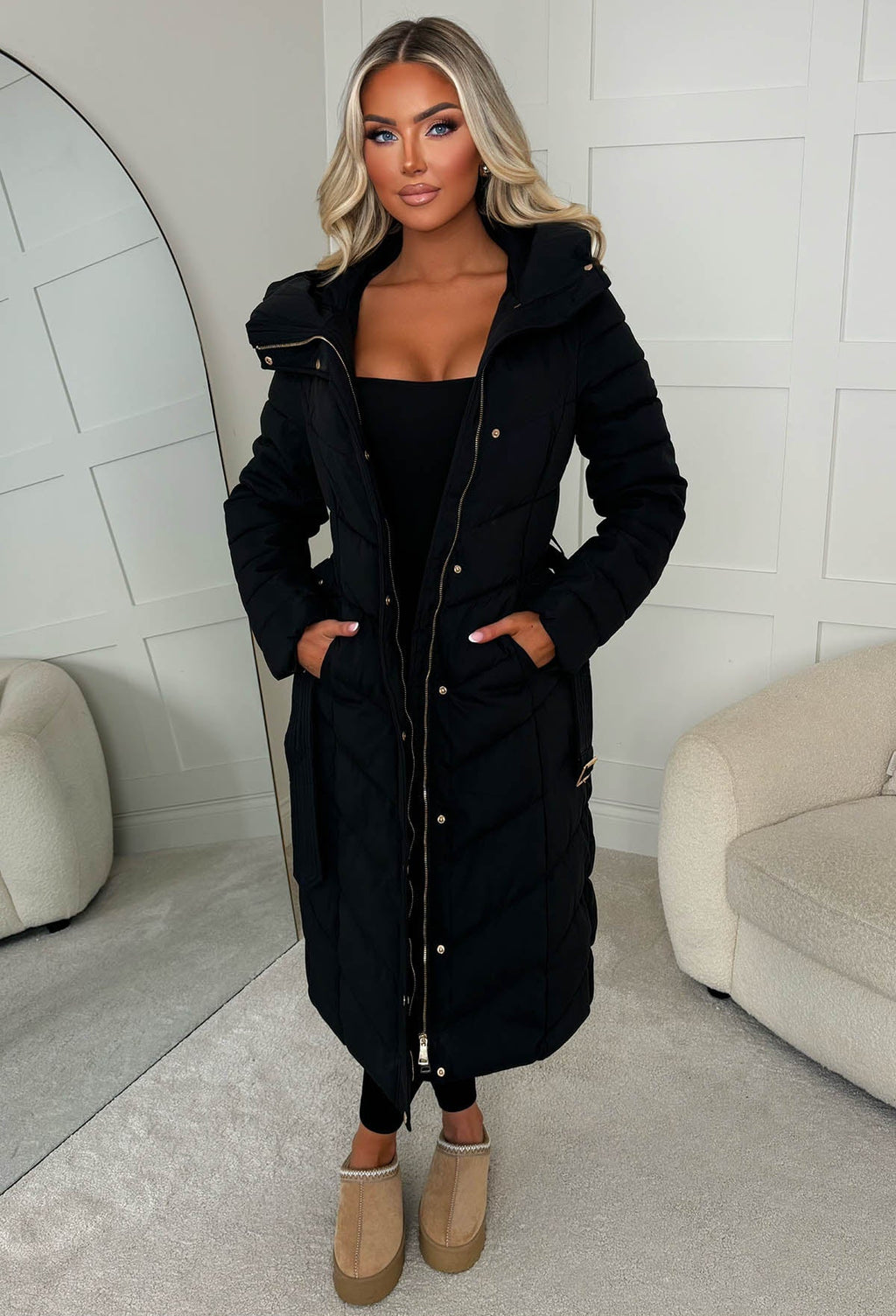 Black Orchid Black Chevron Belted Puffer Coat
