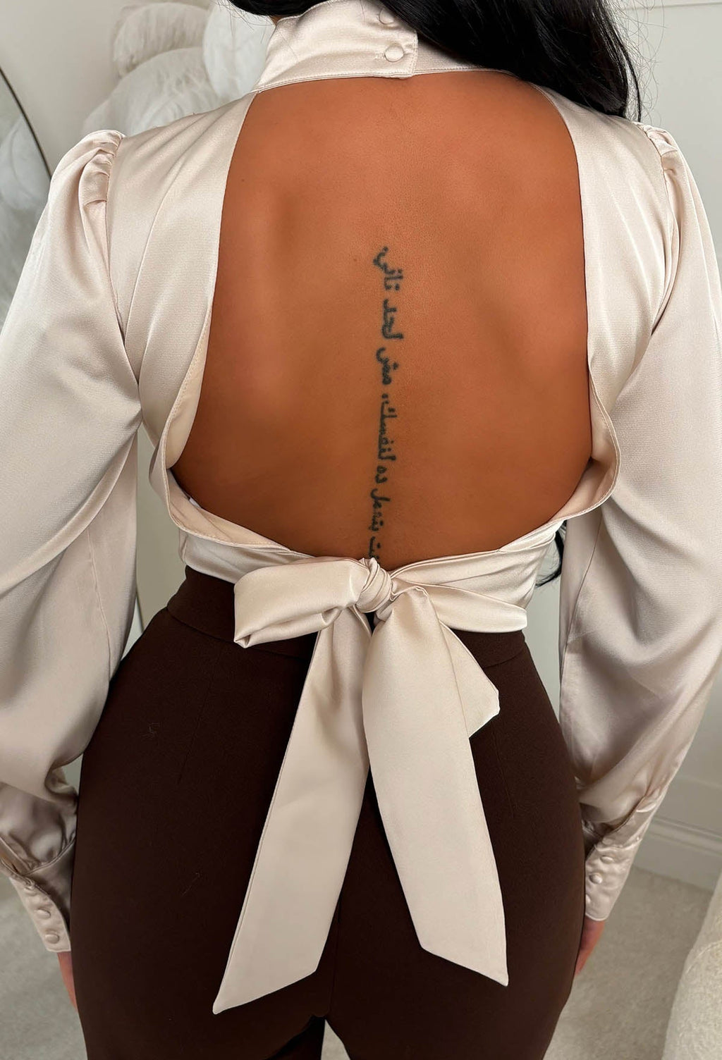 Bowtiful Babe Cream Open Back Satin Bow Top