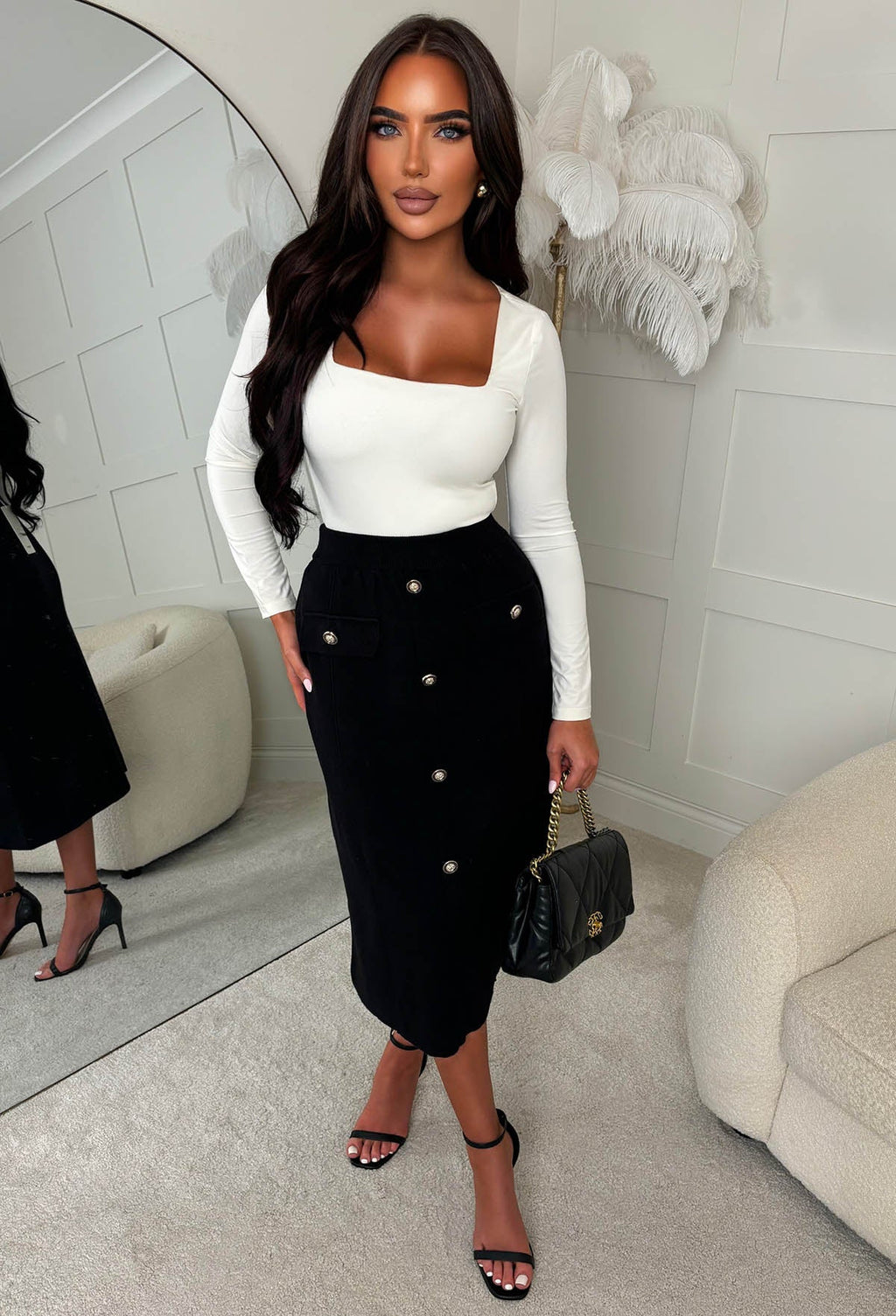 Buttoned Darling Black Gold Button Detail Knitted Midi Skirt