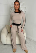 Chic And Cosy Beige With Black Side Stripe Loungewear Set