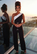 Chic Oblique Black Colour Block One Shoulder Jumpsuit