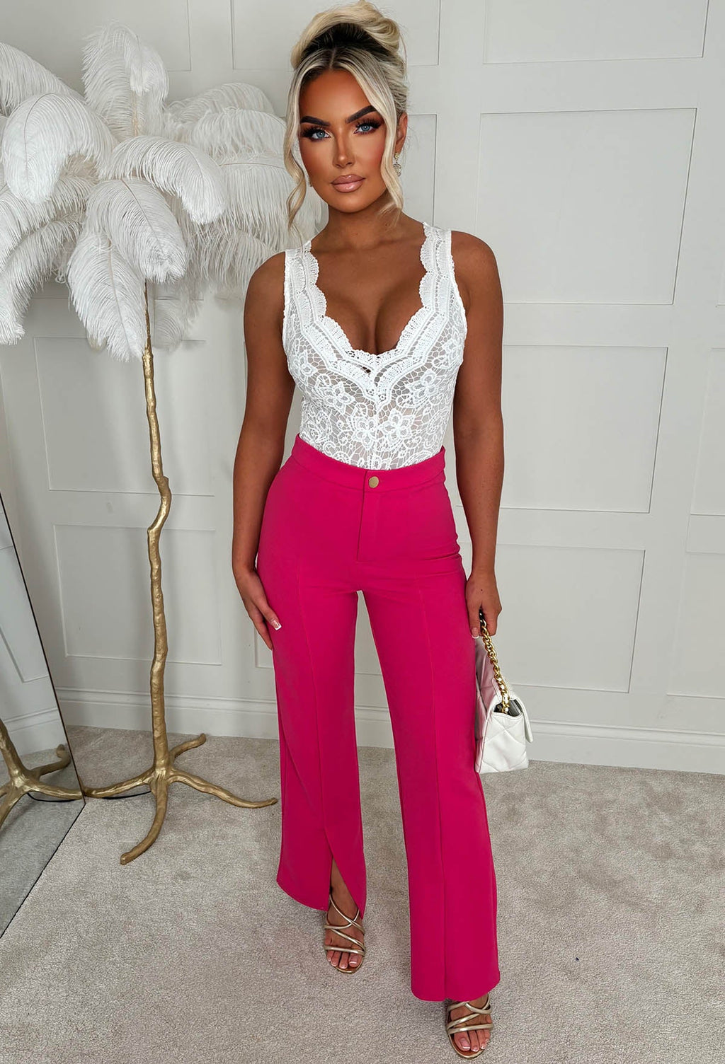 Chic & Sleek Hot Pink Leg Seam & Split Stretch Trousers