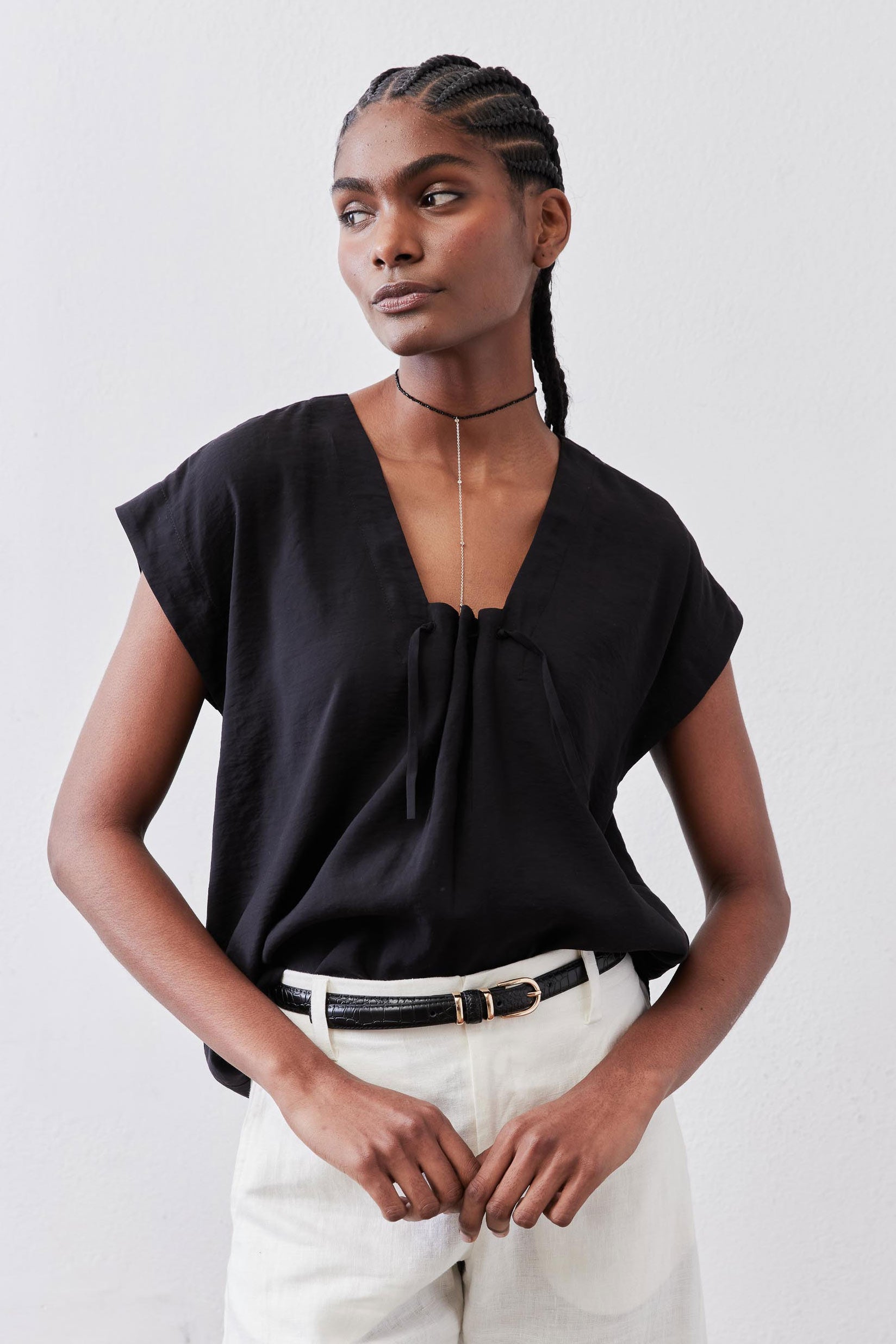 Cinched Neck Light Poplin Top