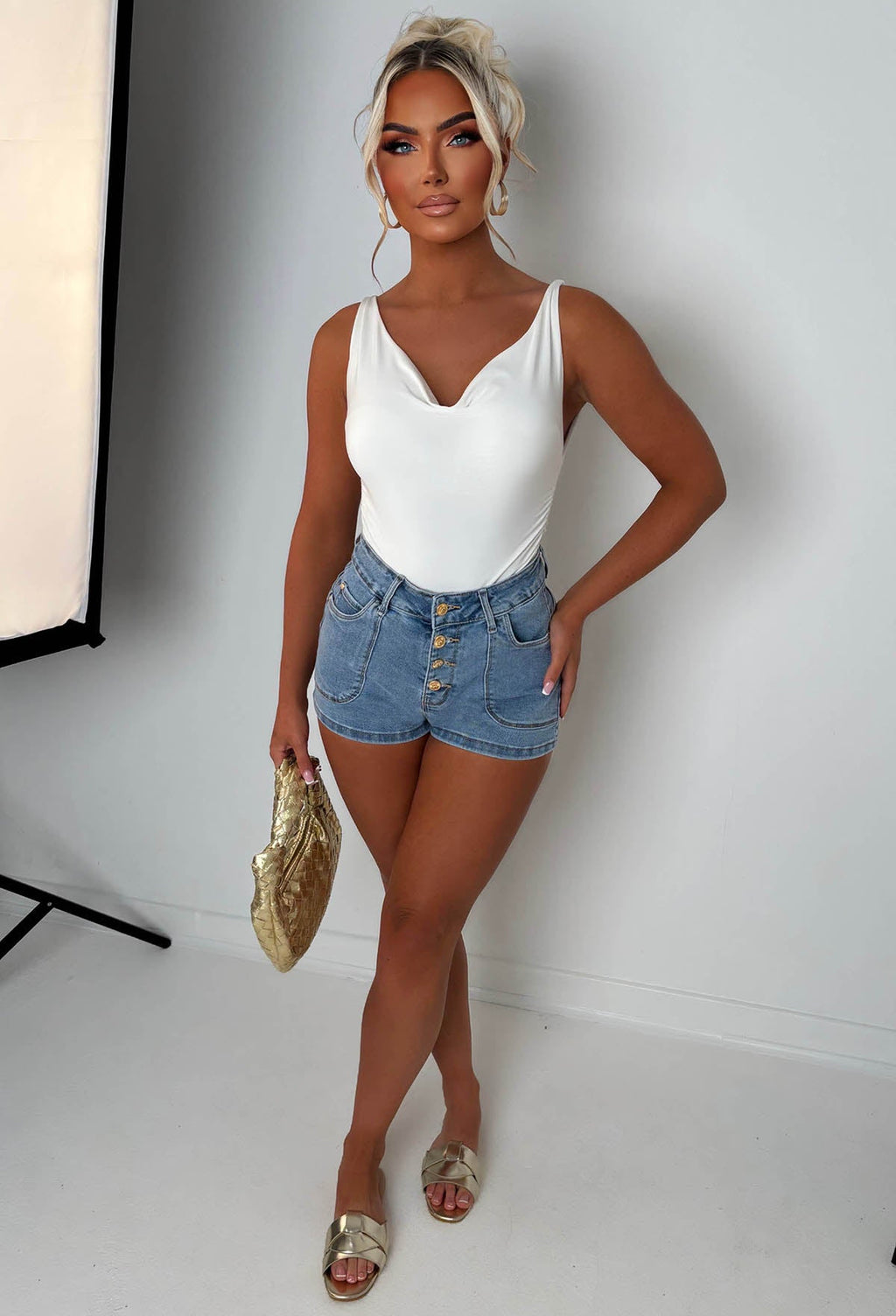 Coco Denim Mid Wash Stretch Denim Gold Button Shorts