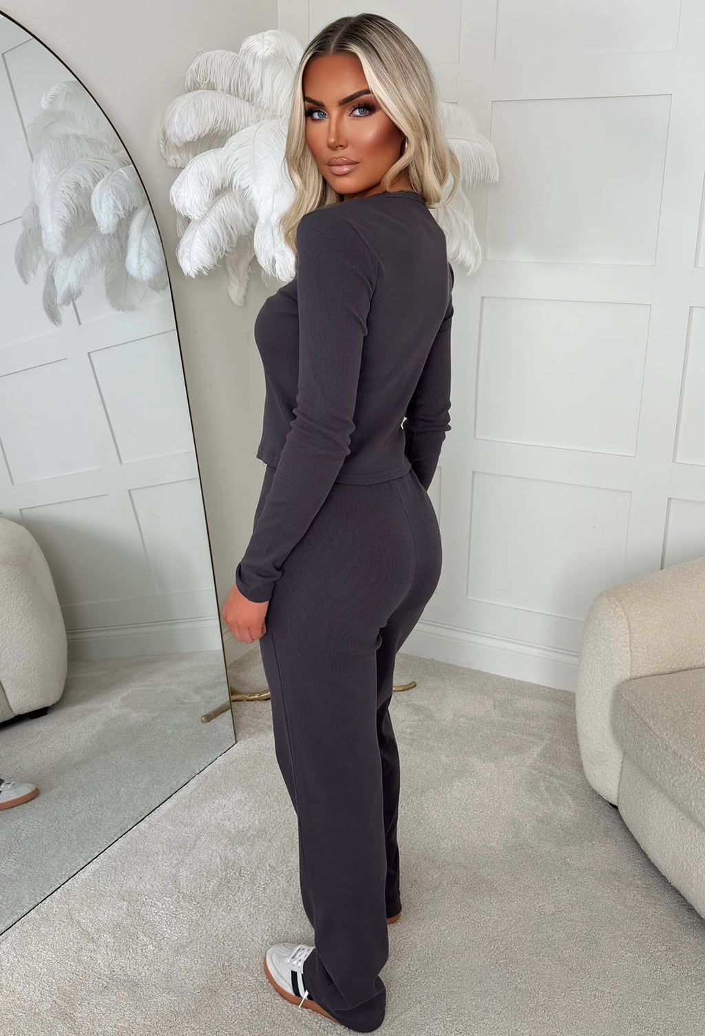 Comfort Me Charcoal Ribbed Long Sleeve Co-Ord Set