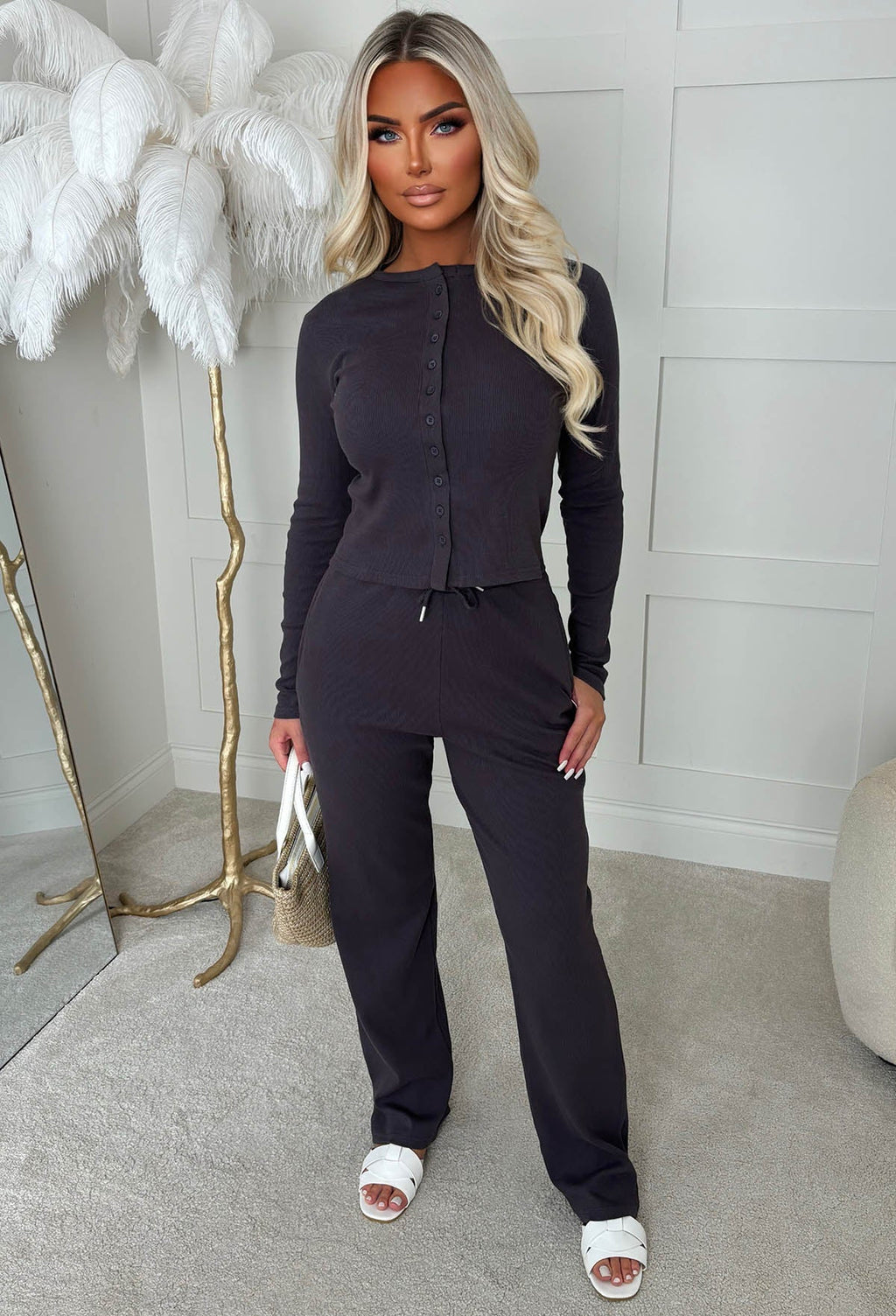 Comfort Me Charcoal Ribbed Long Sleeve Co-Ord Set