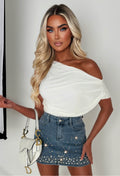 Coming For You Mid Blue Stretch Denim Embellished Skirt