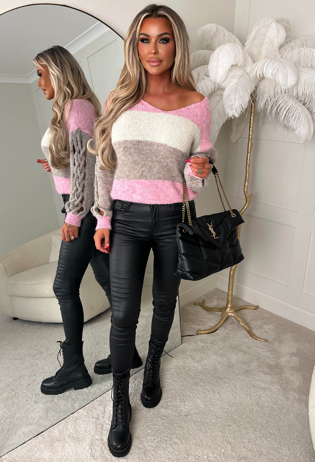 Complete Me Light Pink Stripe & Cable V Neck Jumper