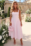 Country Charm Pink Gathered Skirt Gingham Midi Dress