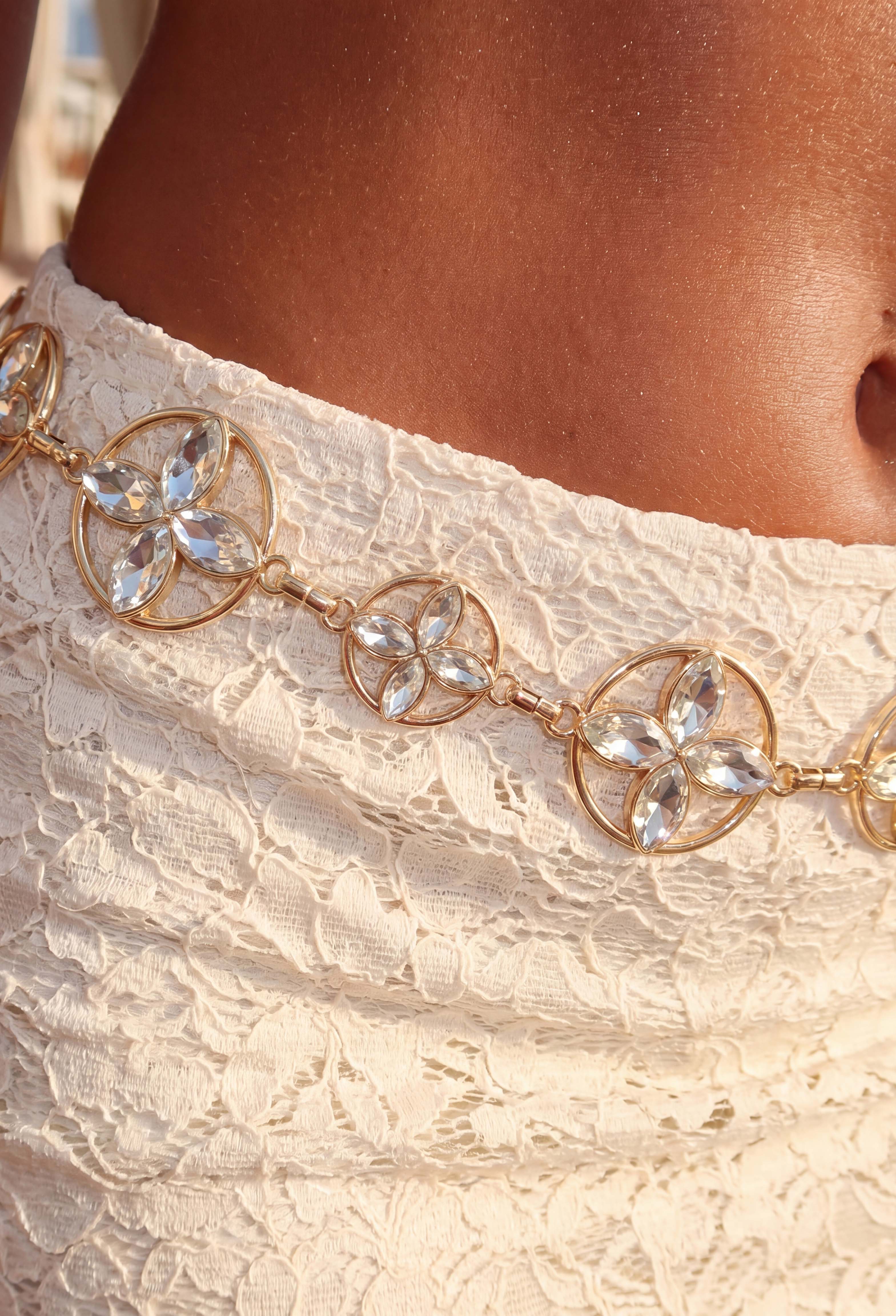 Crystal Cascade Gold Floral Chain Belt