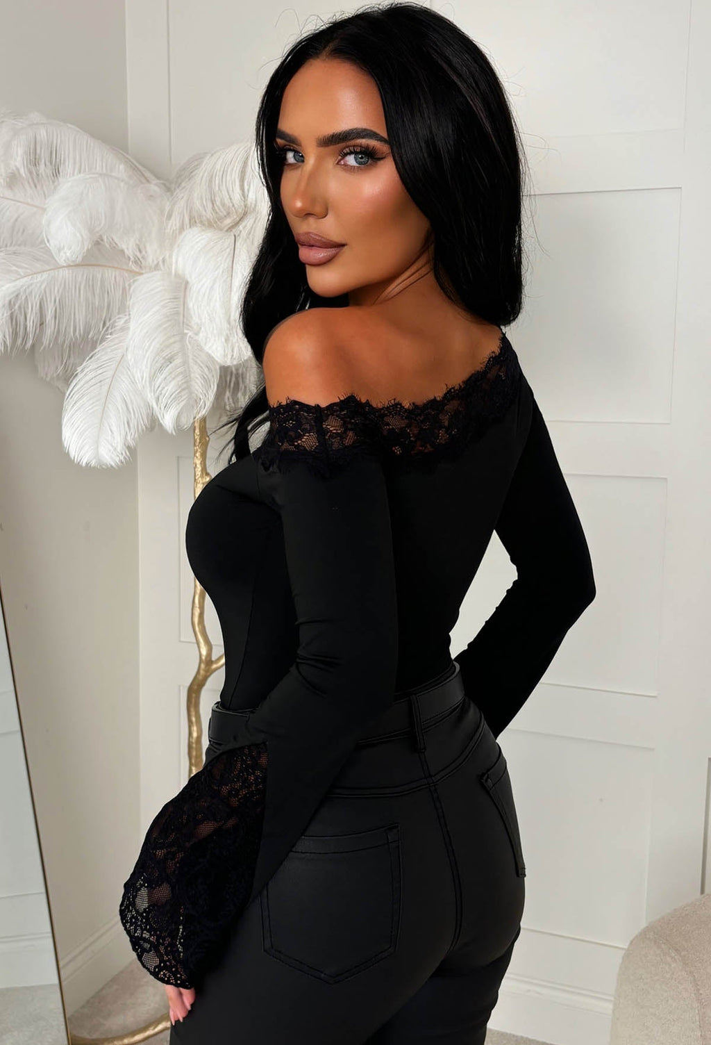 Dare To Dream Black Lace Asymmetric Neck Flare Sleeve Top