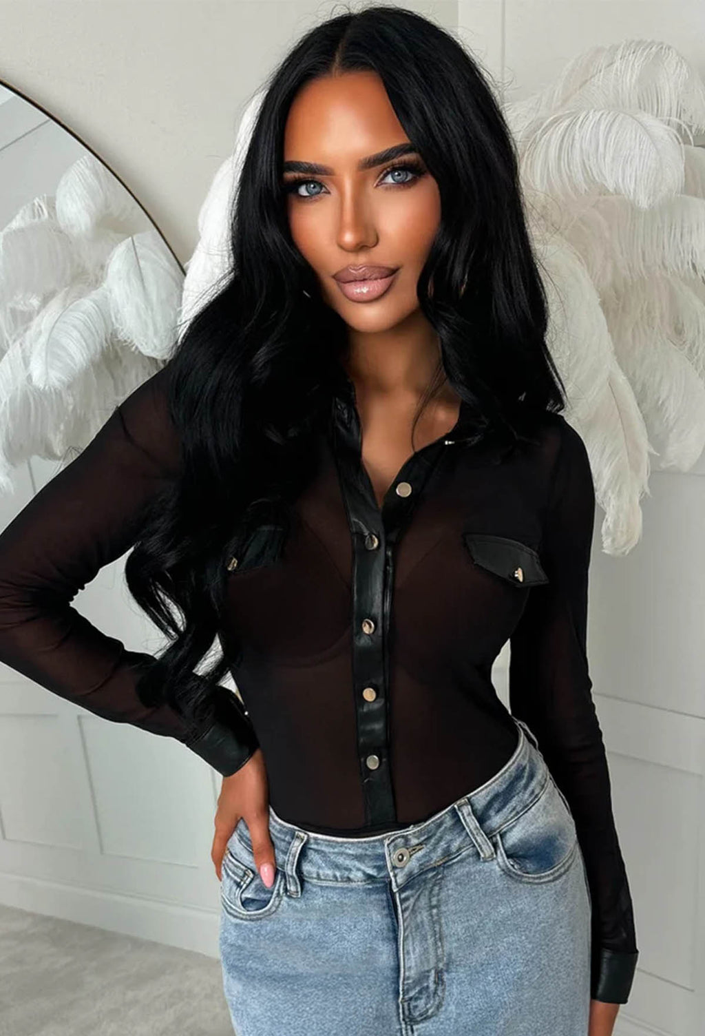Dark Desire Black Sheer Mesh Faux Leather Trim Bodysuit