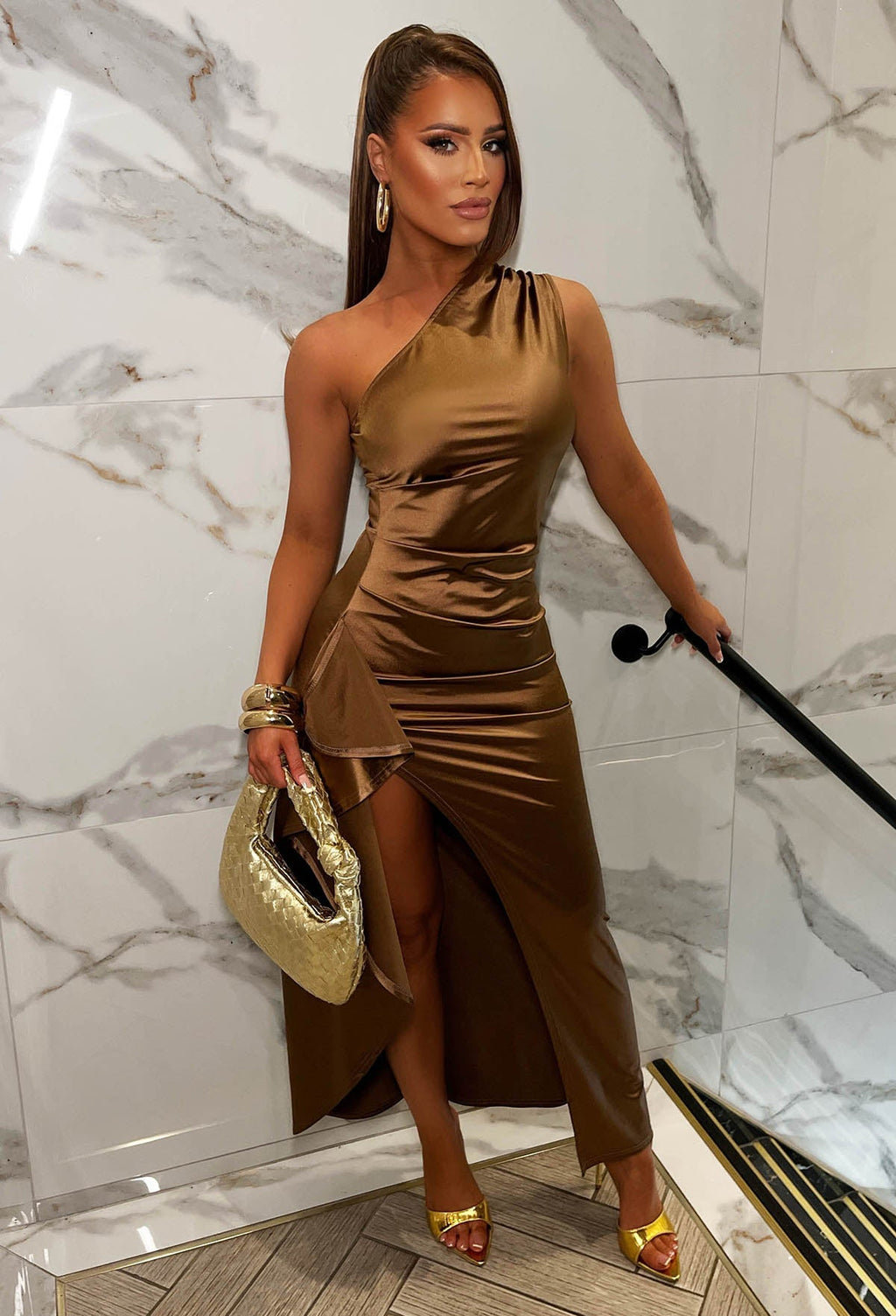 Darling Damsel Mocha Satin One Shoulder Frill Midi Dress