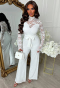 Deluxe Design White Lace & Plain Wide Leg Belted Jumpsuit